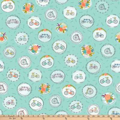Scenic Route by Alicia Jacobs Dujets for Ink & Arrow Fabrics - Bike and Floral Medallions in Aqua (26917-Q)