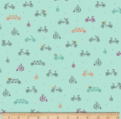Scenic Route by Alicia Jacobs Dujets for Ink & Arrow Fabrics - Bikes in Aqua (26918-Q)