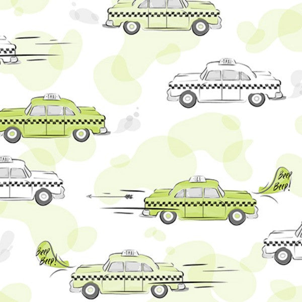 City Life by Ink & Arrow Fabrics - Taxi Cabs in Light Green (24301-H)