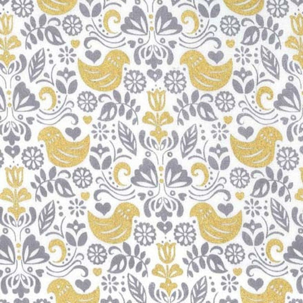 Michael Miller "Bird Buddies" white printed birds on grey background (CX7619)