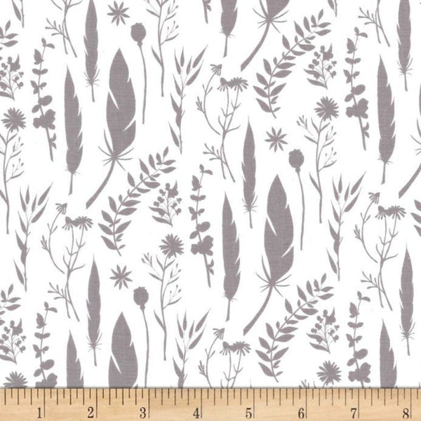 Joy, Lost and Found tan feathers_leaves on white background (DC7800) -- Michael Miller