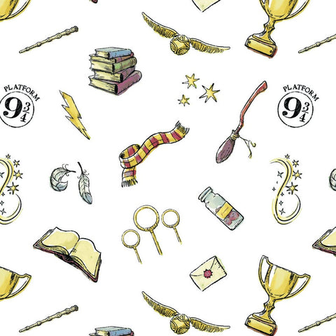 Soft Wash Magic on White - Camelot (23800603) - - Harry Potter Cotton Fabric